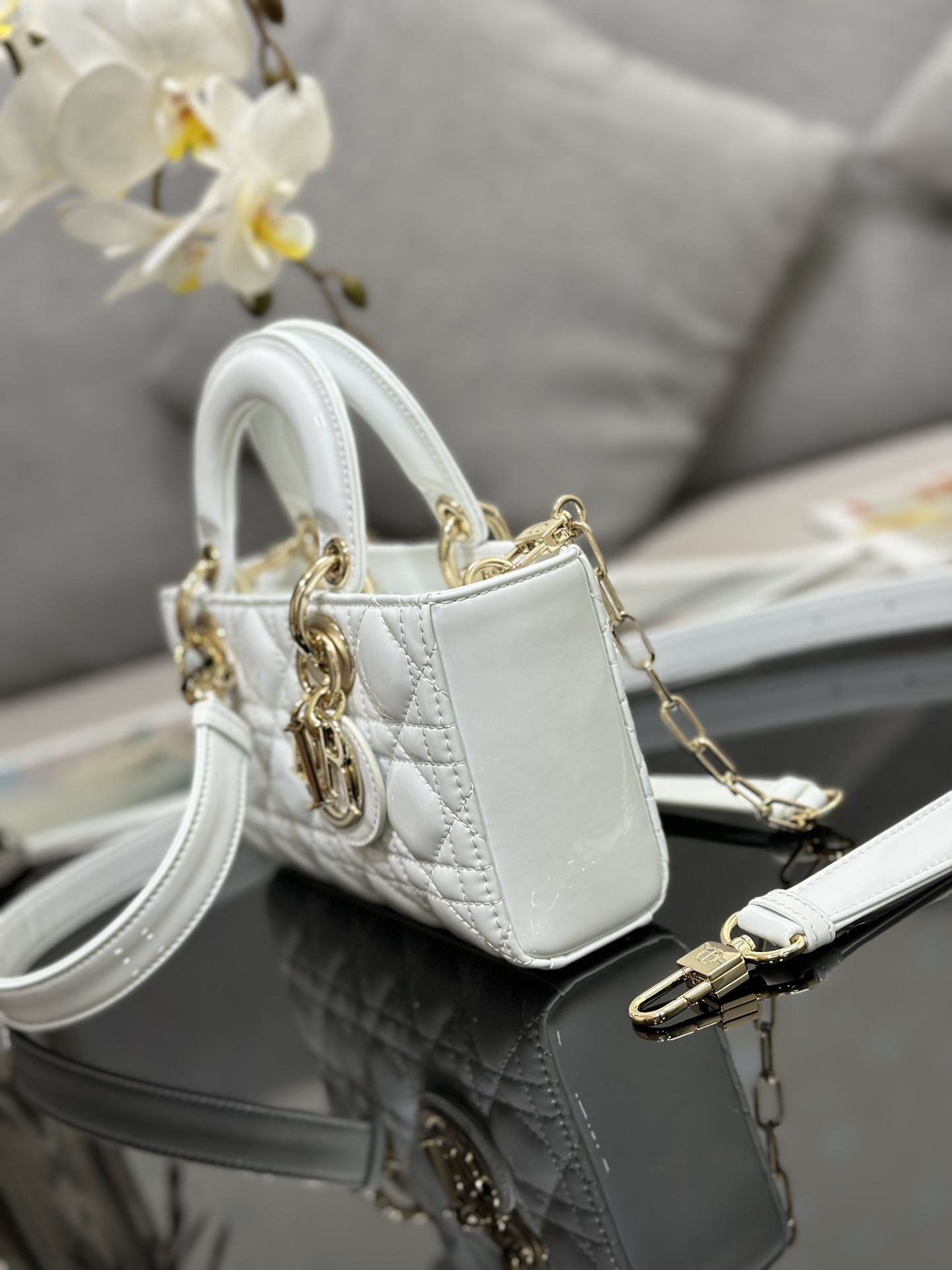 Small Lady D-Joy Bag Latte Patent Cannage Calfskin